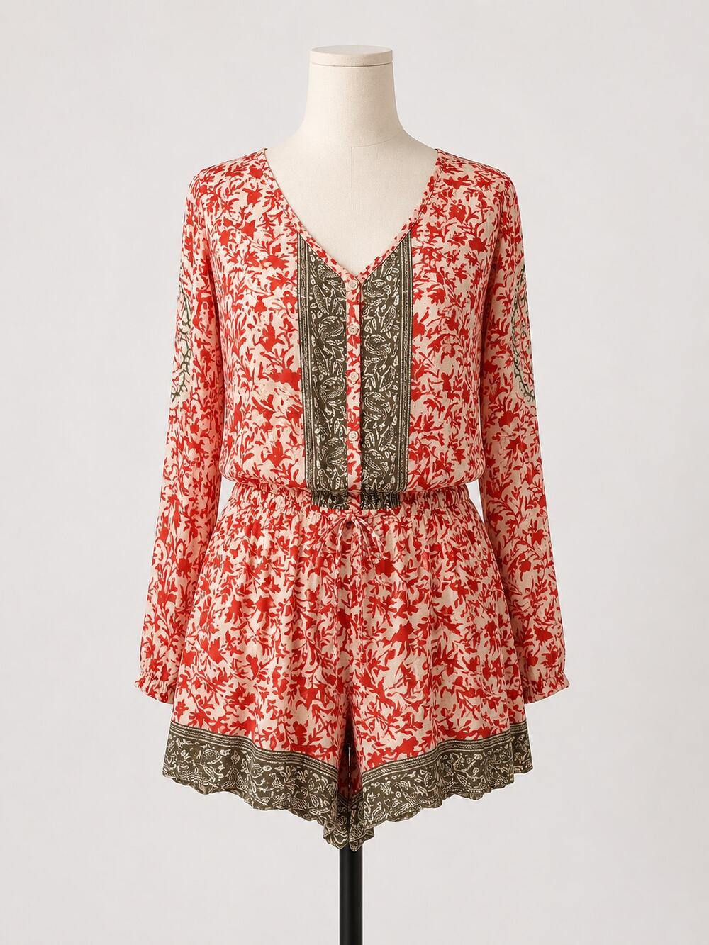 Free People Red & Cream Long-Sleeve Floral Romper M